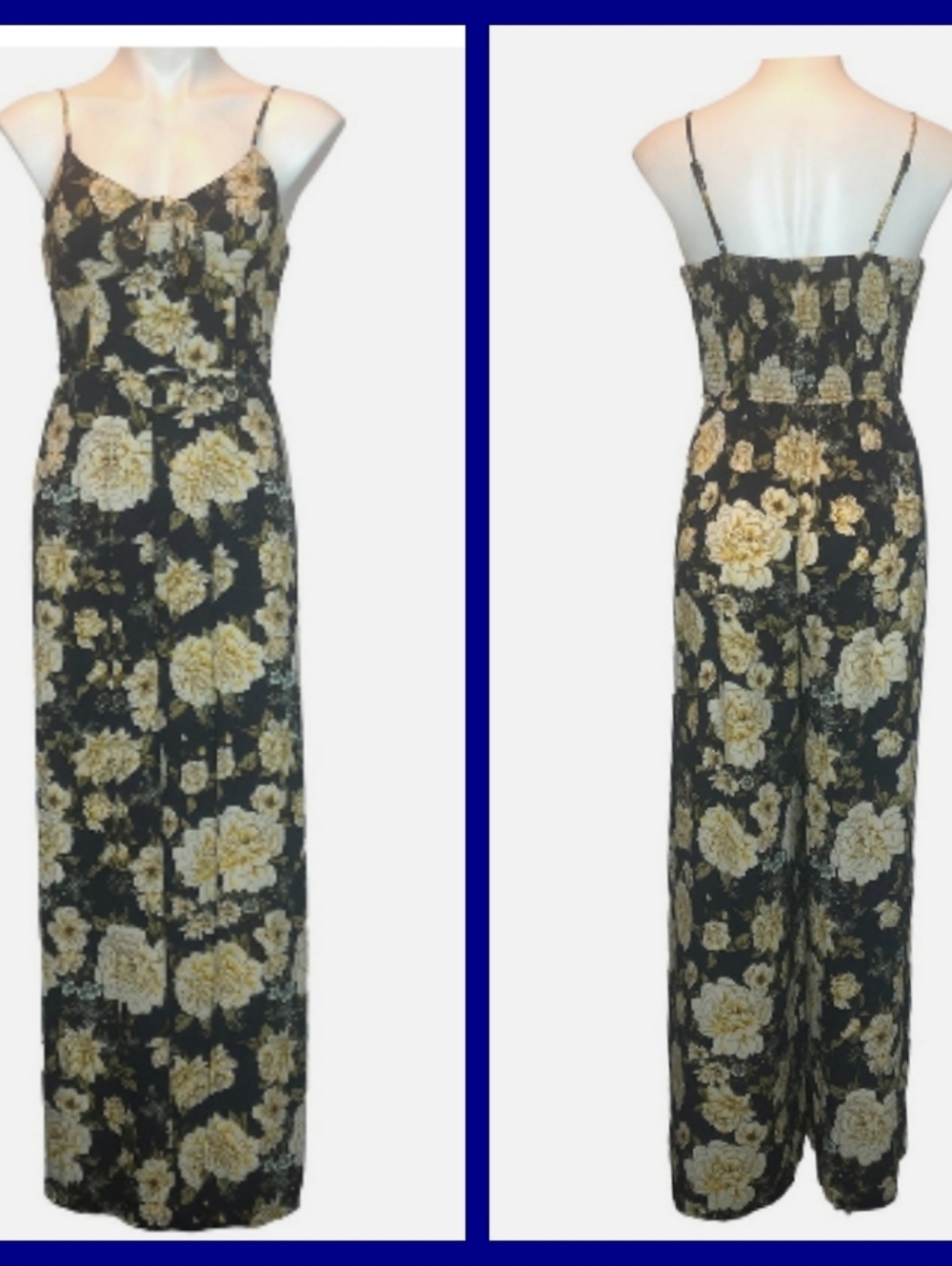 Navy Blue Floral Camisole Top Sleeveless Wide-Leg Jumpsuit Medium Summer
